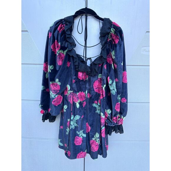 For Love & Lemons Yara Floral Mini Fairy Whimsigoth Velvet Babydoll Dress Sz XL - Picture 9 of 16